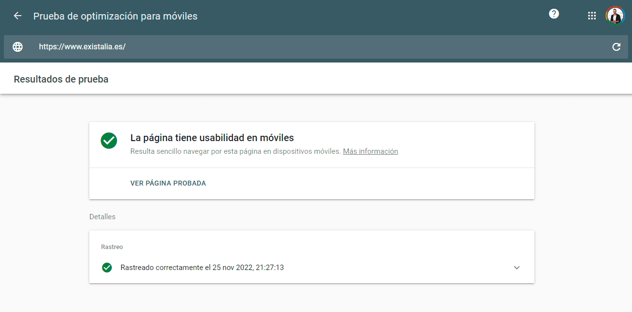 Resultado de la prueba de optimización para móviles de la web de Existalia