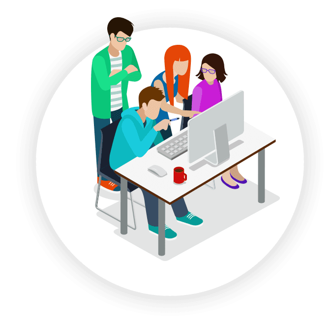 Ilustración de personas mirando resultados en una pantalla - Existalia Ilustración de personas mirando resultados en una pantalla - Existalia